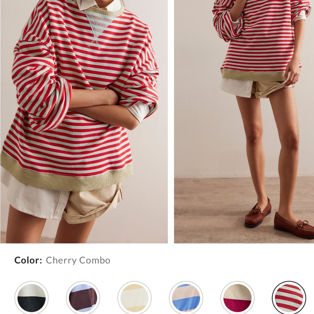 We The Free Striped Cream and Brown Sweatshirt with Red Trim